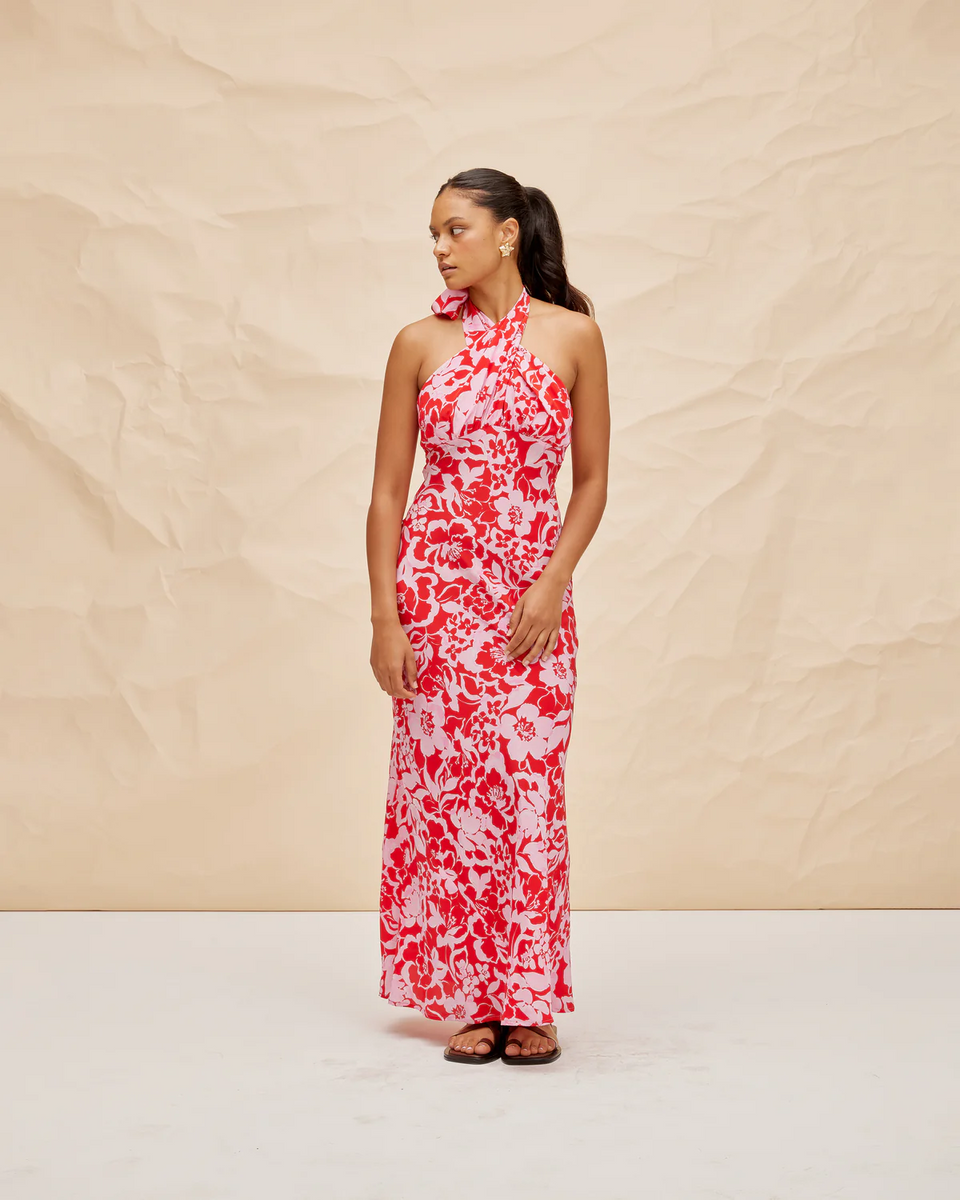 Bobbi Silk Halter Dress in Cherry Floral – Rabbit Borrows