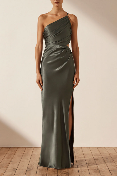 La Lune Asymmetrical Gathered Maxi Dress in Olive – Rabbit Borrows