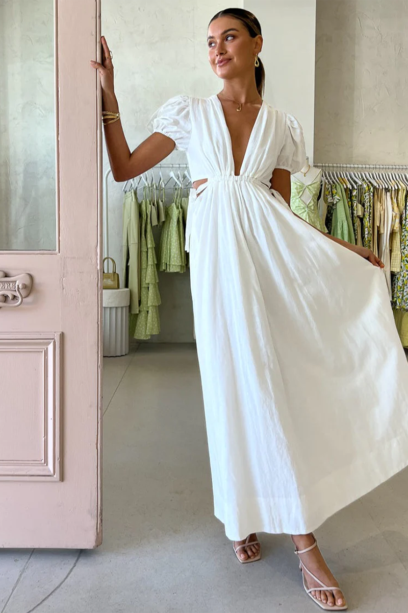 white plunge neck dress Ahoy Plunge Neckline Maxi Dress in White – Rabbit Borrows