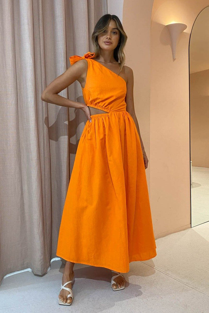 Gabriella One Shoulder Midi Dress in Sunkissed Orange Rabbit Borrows
