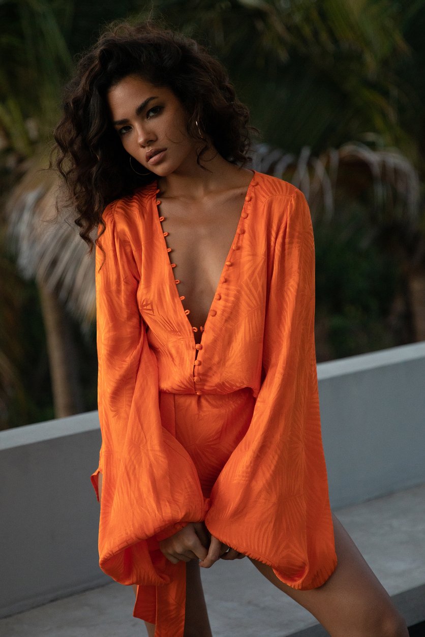 Harlequin Dress in Orange Palm Jacquard – Rabbit Borrows