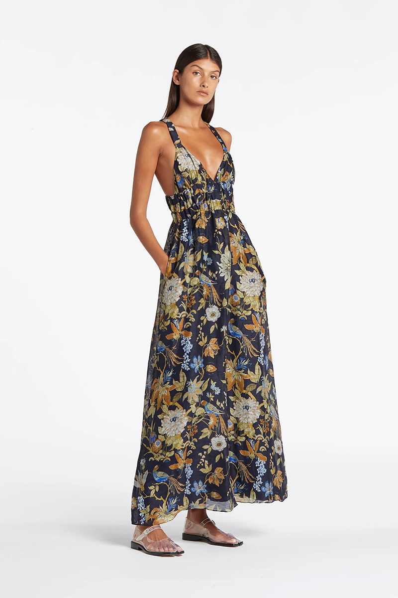 Lilian V Neck Gown in Delia Print Rabbit Borrows