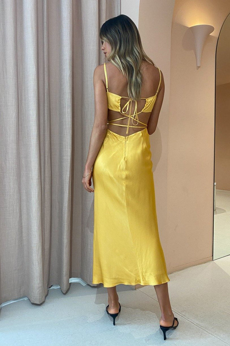 Alma Backless Midi Dress in Saffron Yellow Shona Joy Rabbit Borrows