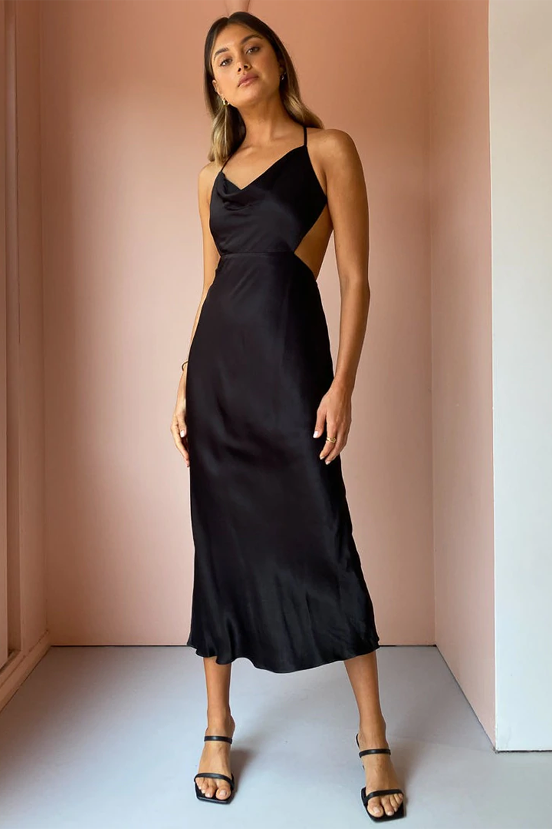 Thalia Bias Cut Out Midi in Black – Rabbit Borrows