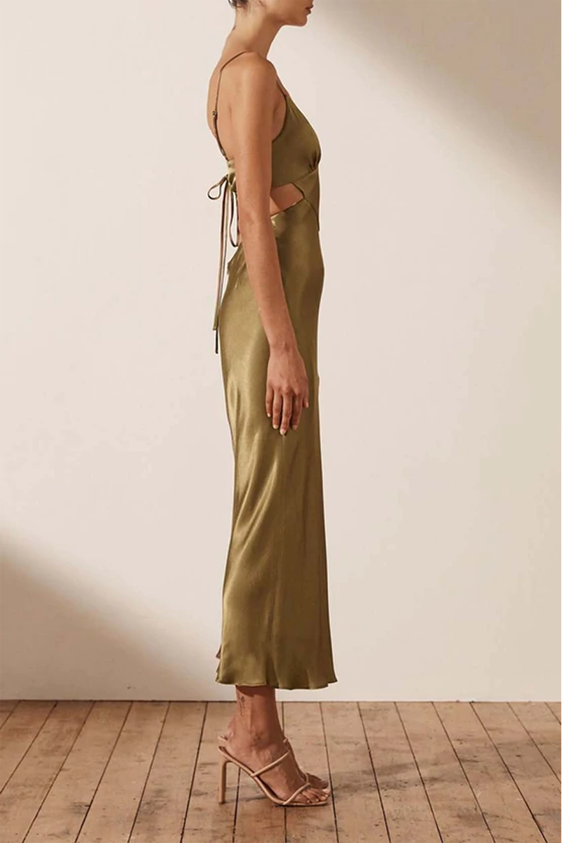 Alma Backless Midi Dress in Cumin Rabbit Borrows Alma Backless Midi Dress in Cumin Rabbit Borrows