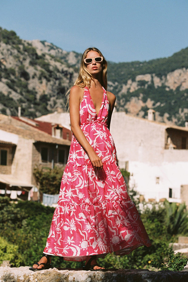 Havana Dress in Sangria Palmette Print Rabbit Borrows Havana Dress in Sangria Palmette Print Rabbit Borrows