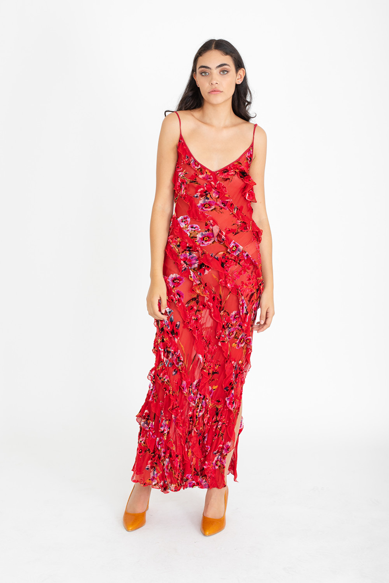 Maribou Ruffle Maxi Dress